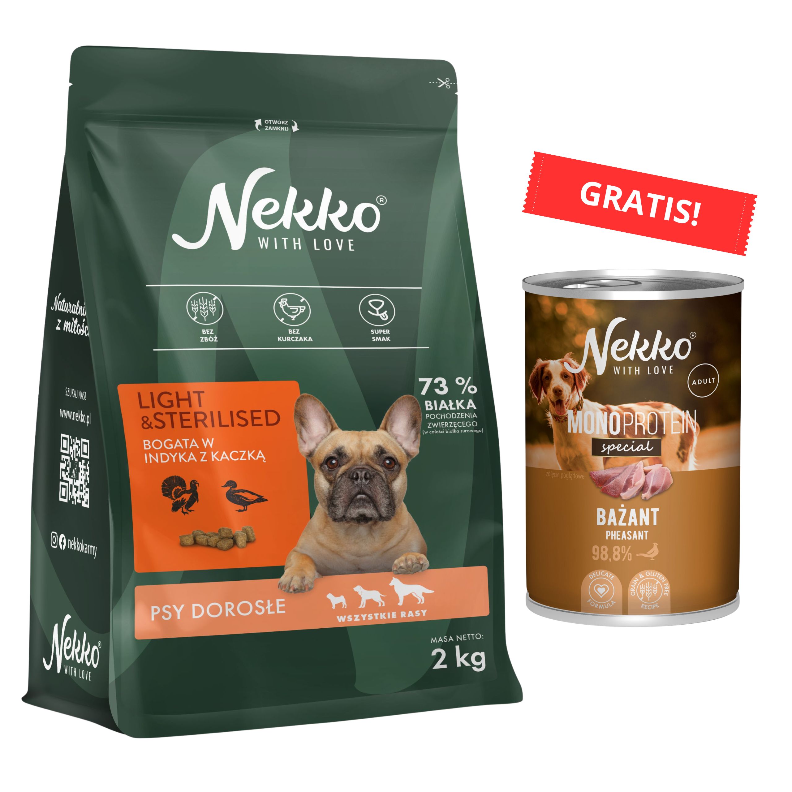 NEKKO Adult Light&Sterilised Indyk Kaczka 2kg + puszka karmy gratis!