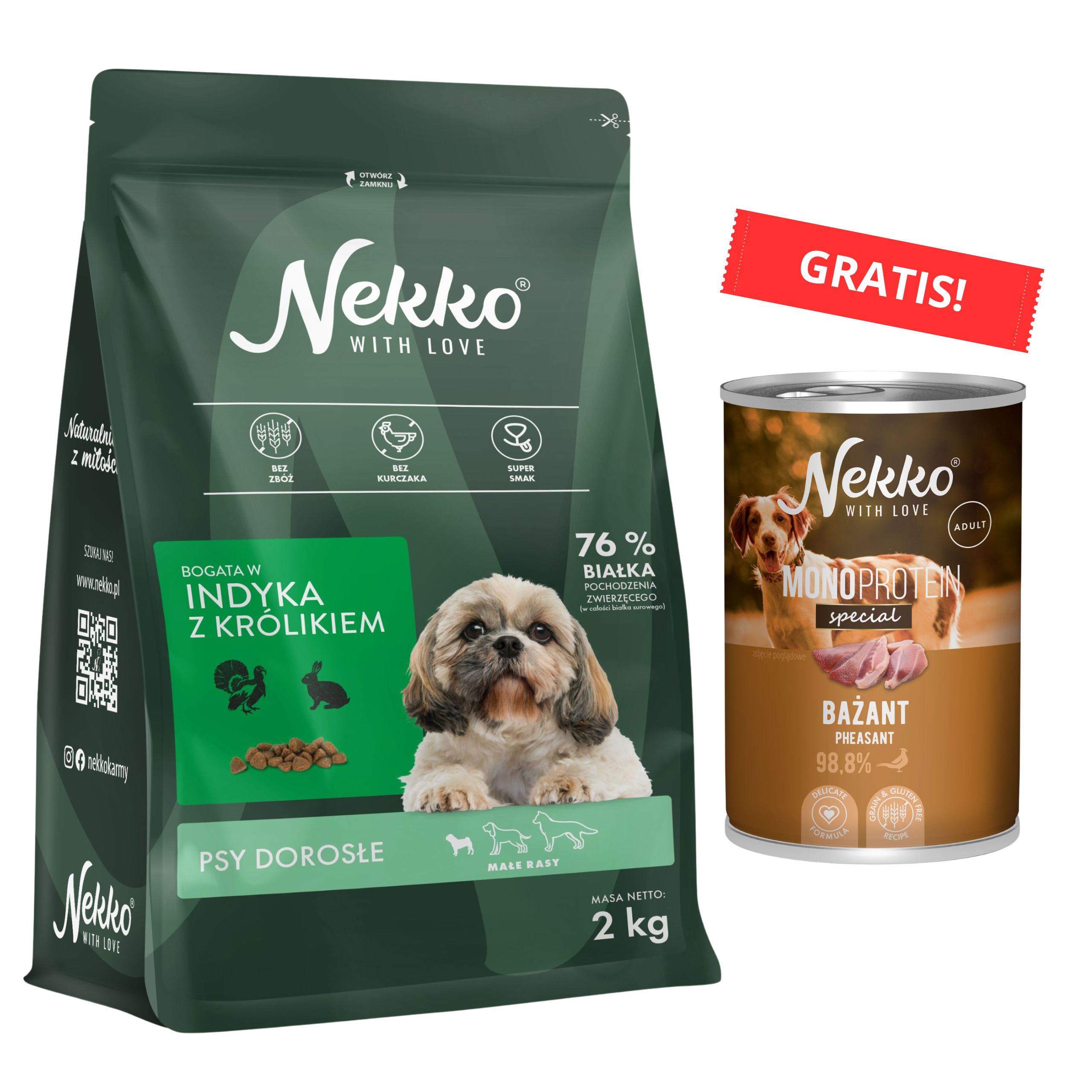 NEKKO Adult małe rasy Indyk Królik 2kg + puszka karmy gratis!