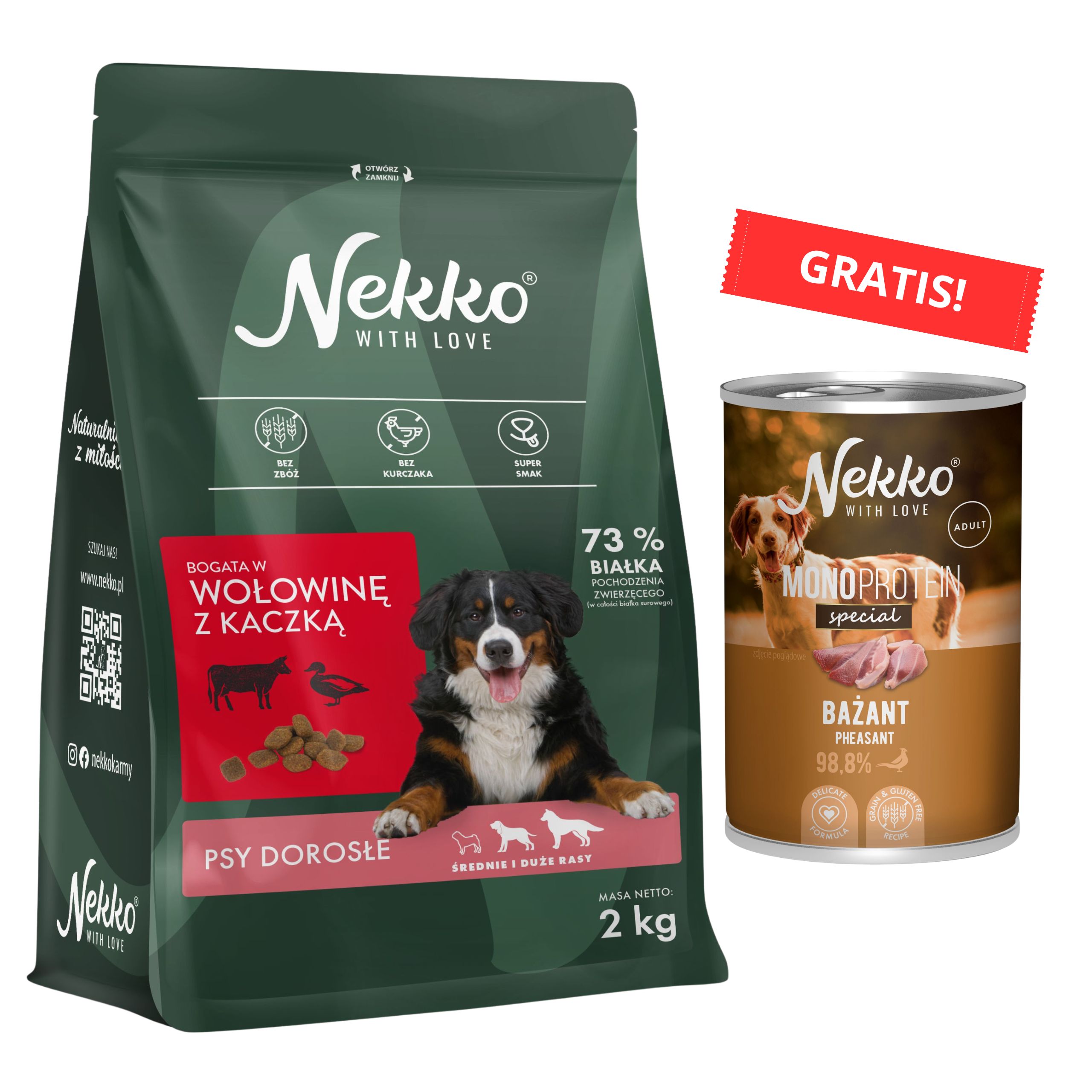 NEKKO Adult średnie duże rasy Wołowina Kaczka 2kg + puszka karmy gratis!