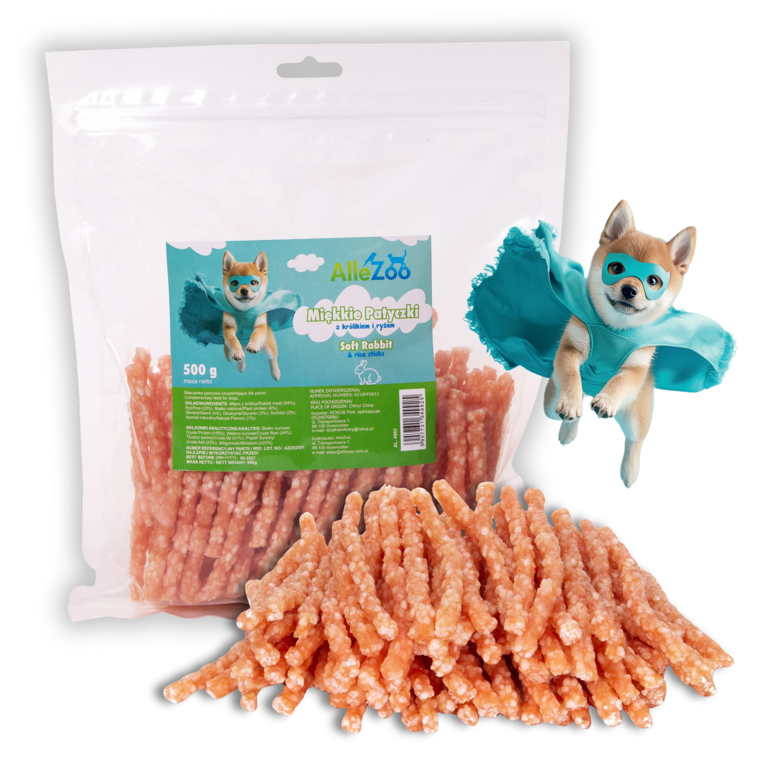 ALLEZOO Patyczki Królik Ryż miękkie 500g