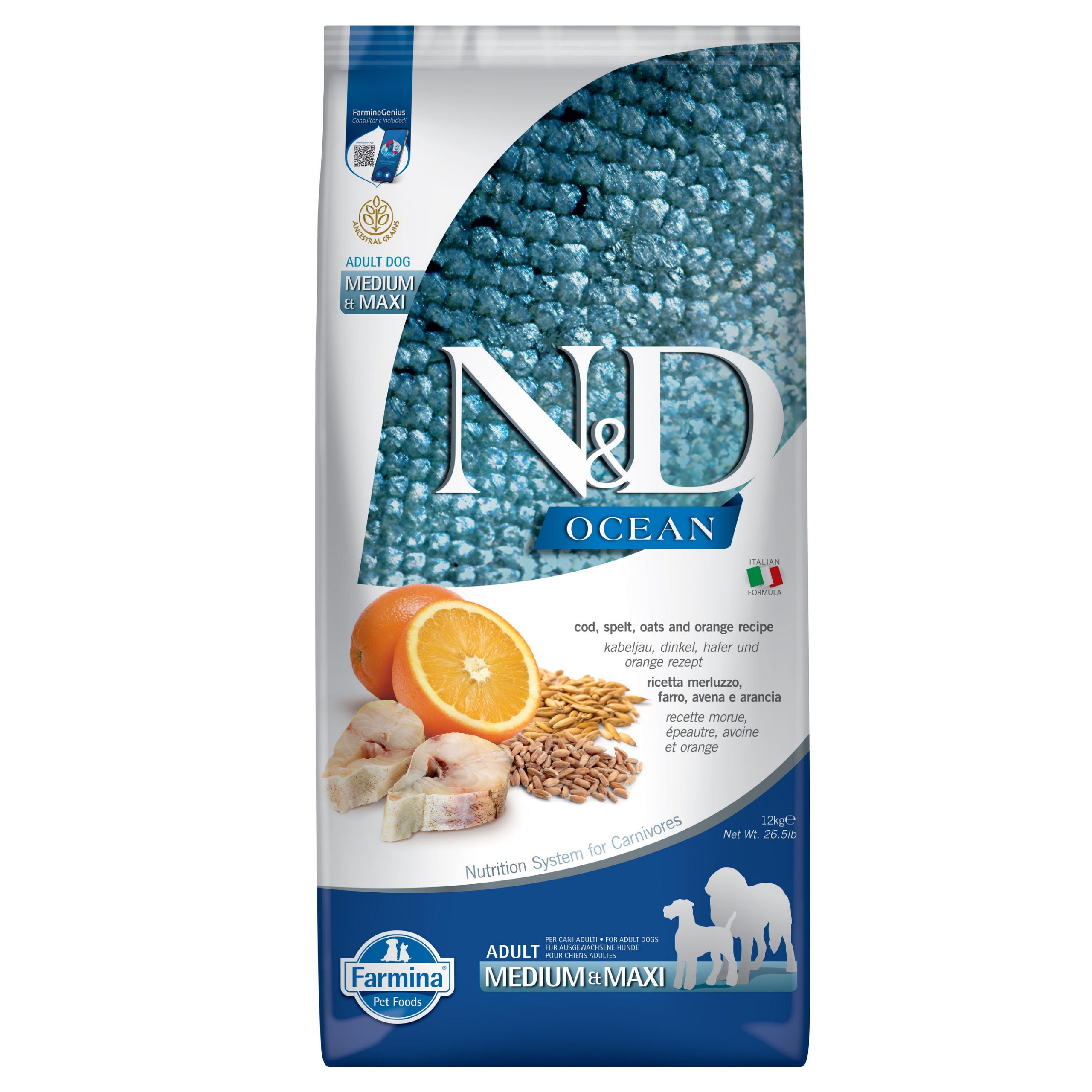 FARMINA N&D Ocean Adult Medium Maxi Cod&Spelt&Orange 12kg