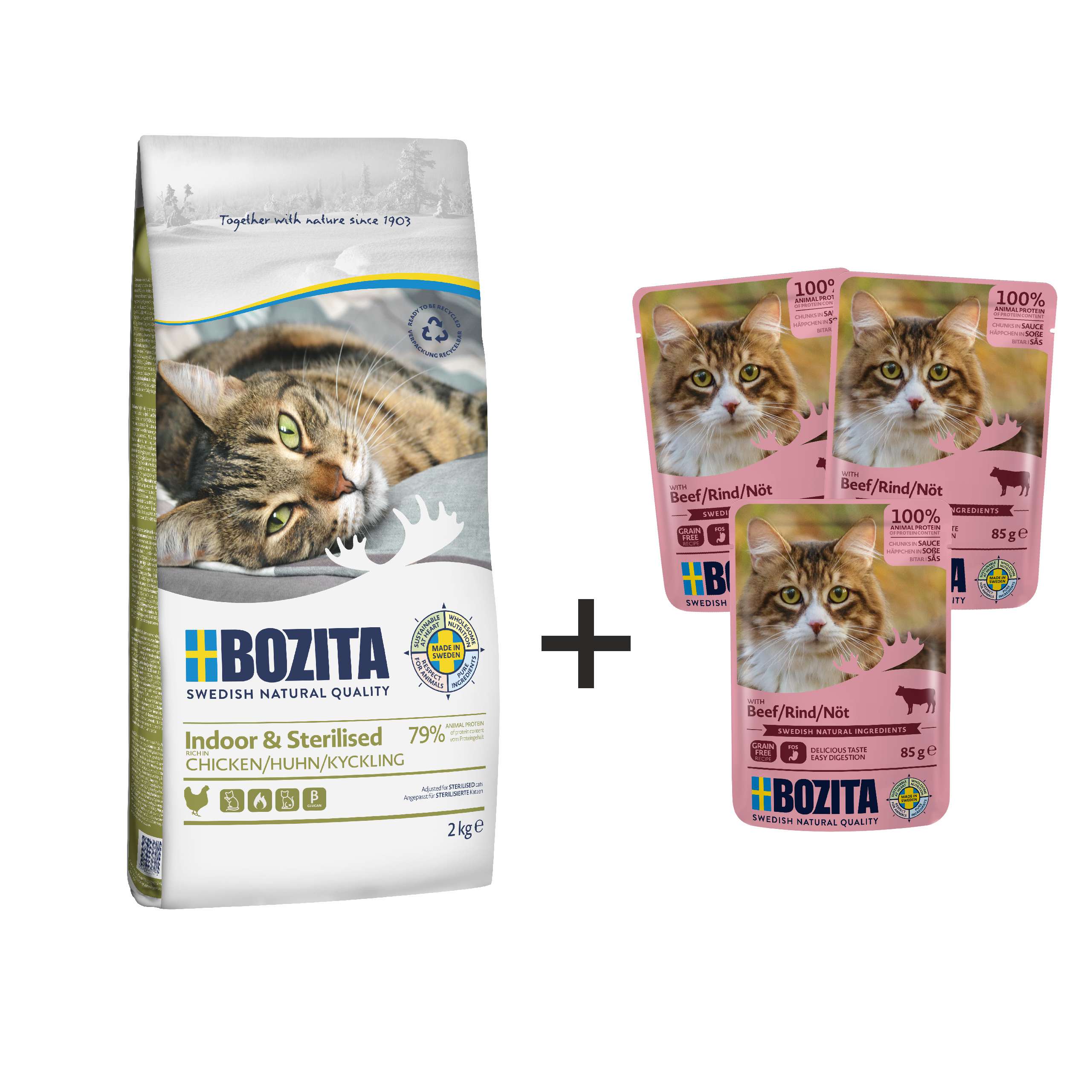BOZITA INDOOR & STERILISED 2kg + 3 saszetki gratis!