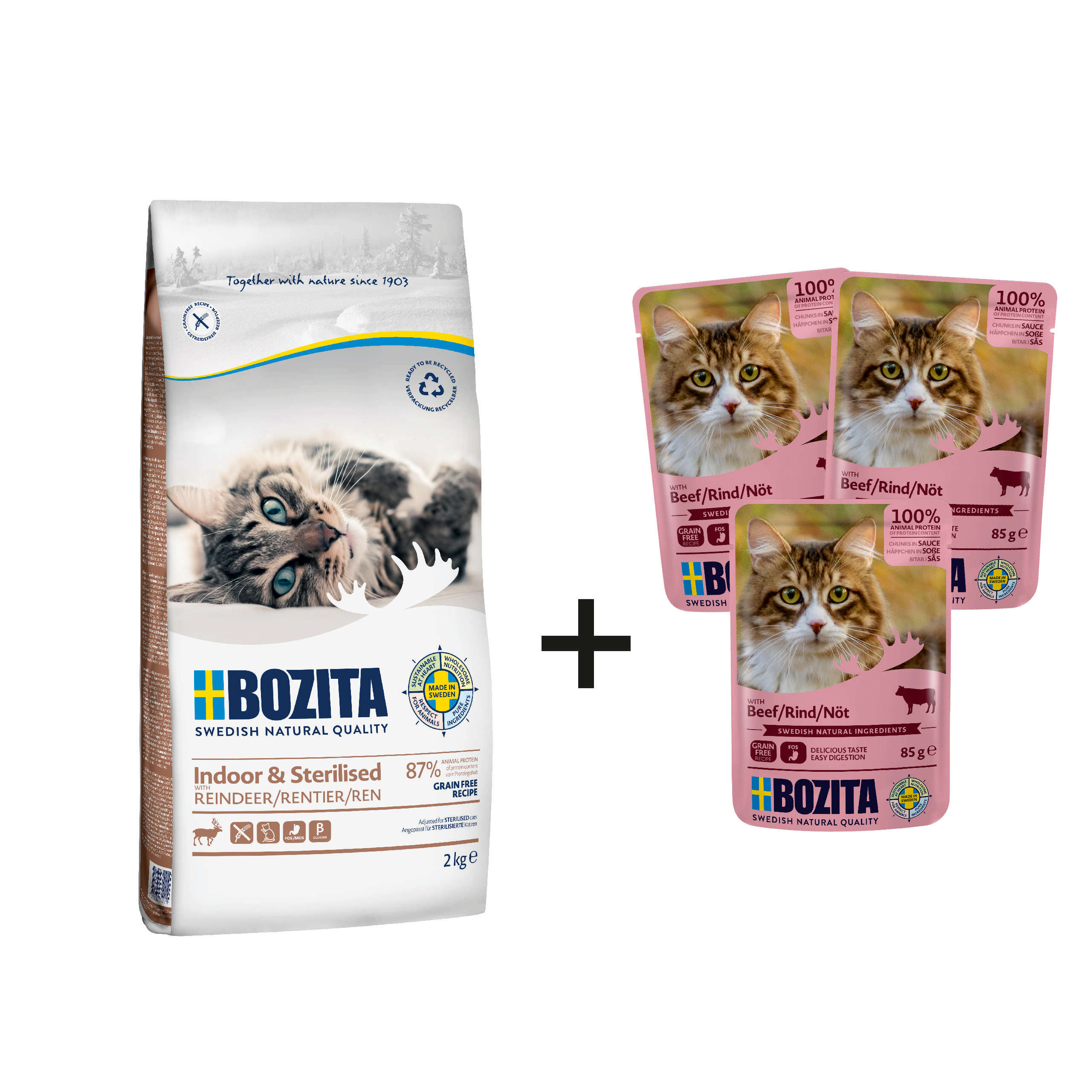 BOZITA INDOOR & STERILISED Grain Free 2kg + 3 saszetki gratis!