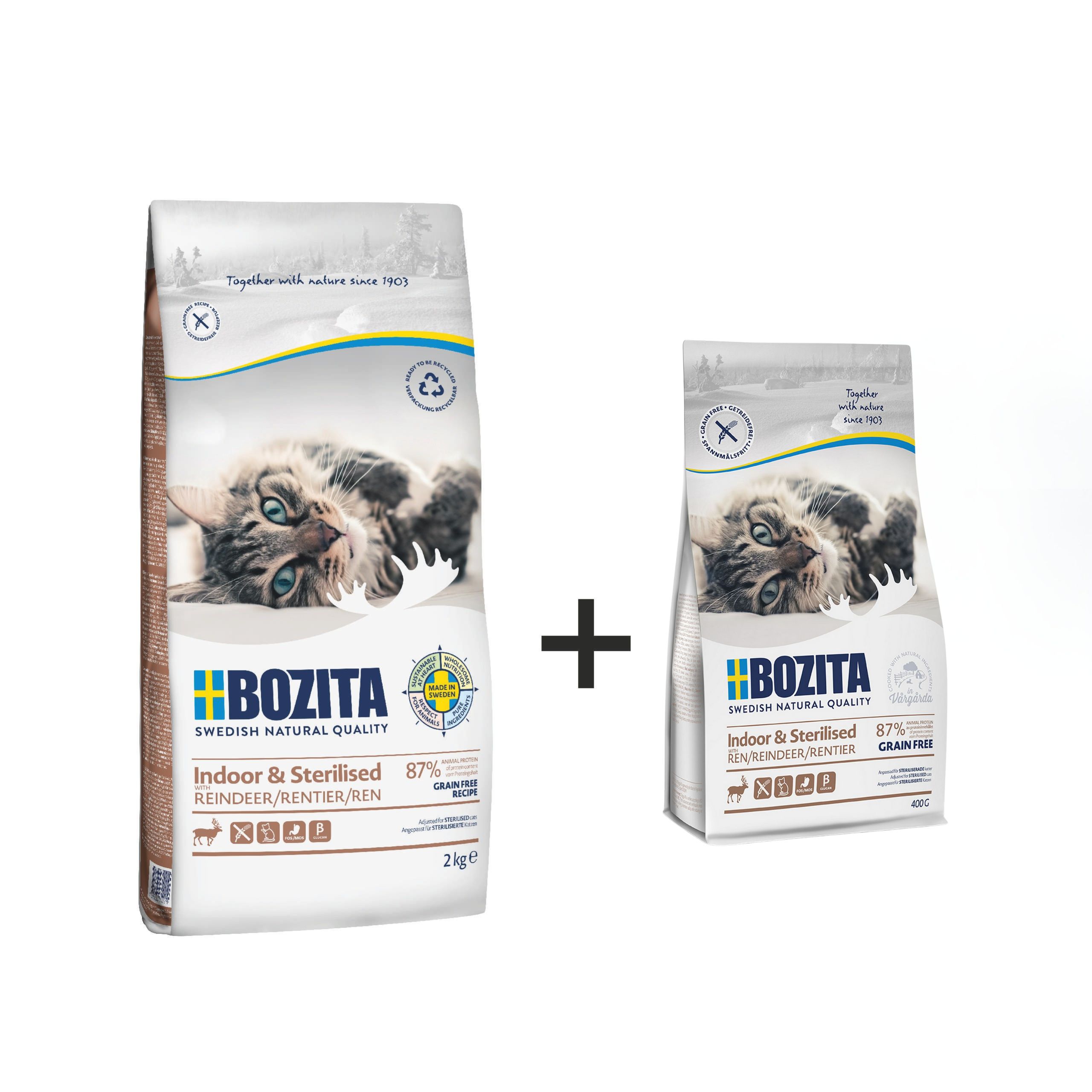 BOZITA INDOOR & STERILISED Grain Free 2kg + 400g gratis