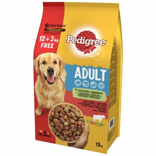 PEDIGREE sucha karma ADULT z wołowiną średnie 12kg+3kg Gratis!